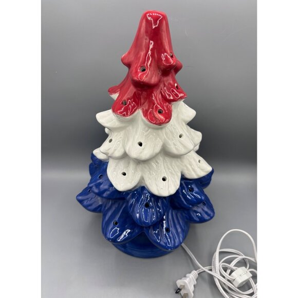 Ceramic‎ Patriotic Christmas Tree Lighted Decoration Red White Blue Plug-In Cord - Picture 3 of 7